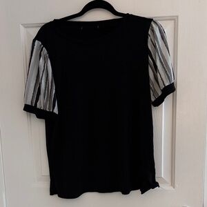 Dkny Black Short Sleeve Top with Striped Sheer Puff Sleeves